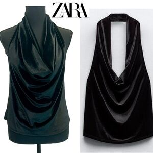 Zara Black velvet draped cowl neck halter top open back Sz M NWOT sexy stretchy